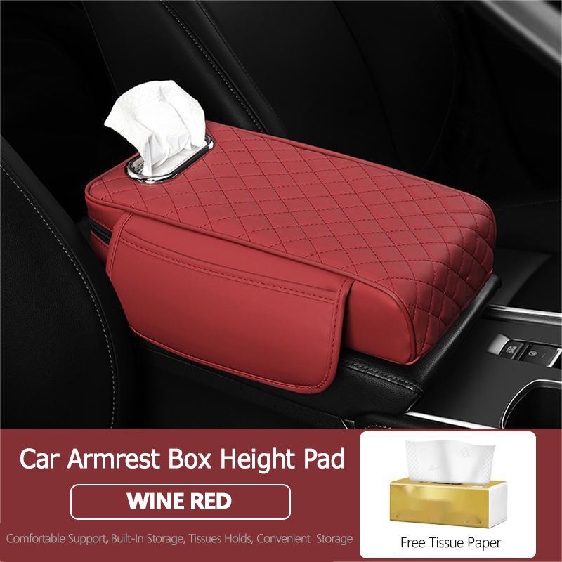 Nappa Leather Diamond-Embroidered Car Armrest Pad with Tissue Storage