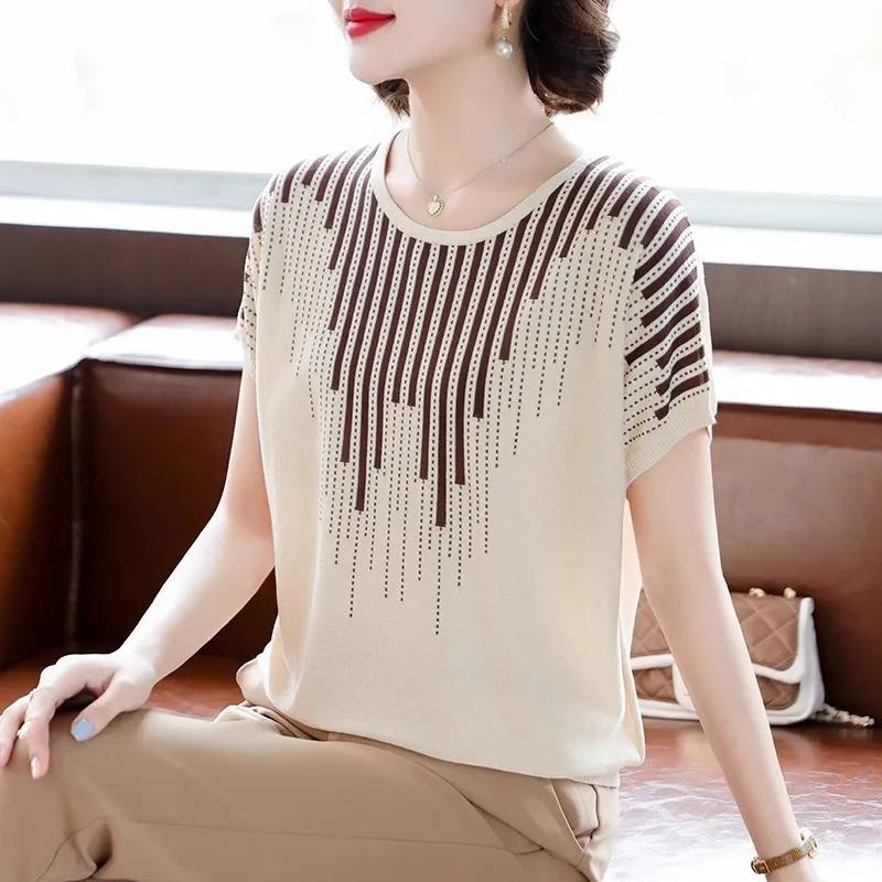 

Women s Summer Chiffon Short-Sleeve T-Shirt Elegant Crew Neck Pullover for Mature Women M