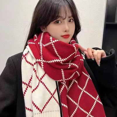 Roter Winterschal für Damen Koreanisch inspiriert Vielseitig Warm Gestrickte Wolle Halsbekleidung Hochwertiger Karos Studenten-Schal