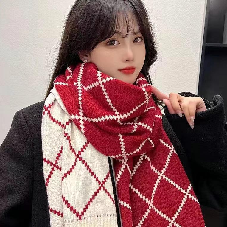 Red Winter Scarf for Women Korean-Inspired Versatile Warm Knitted Wool Neckwear High-End Plaid Student Scarf