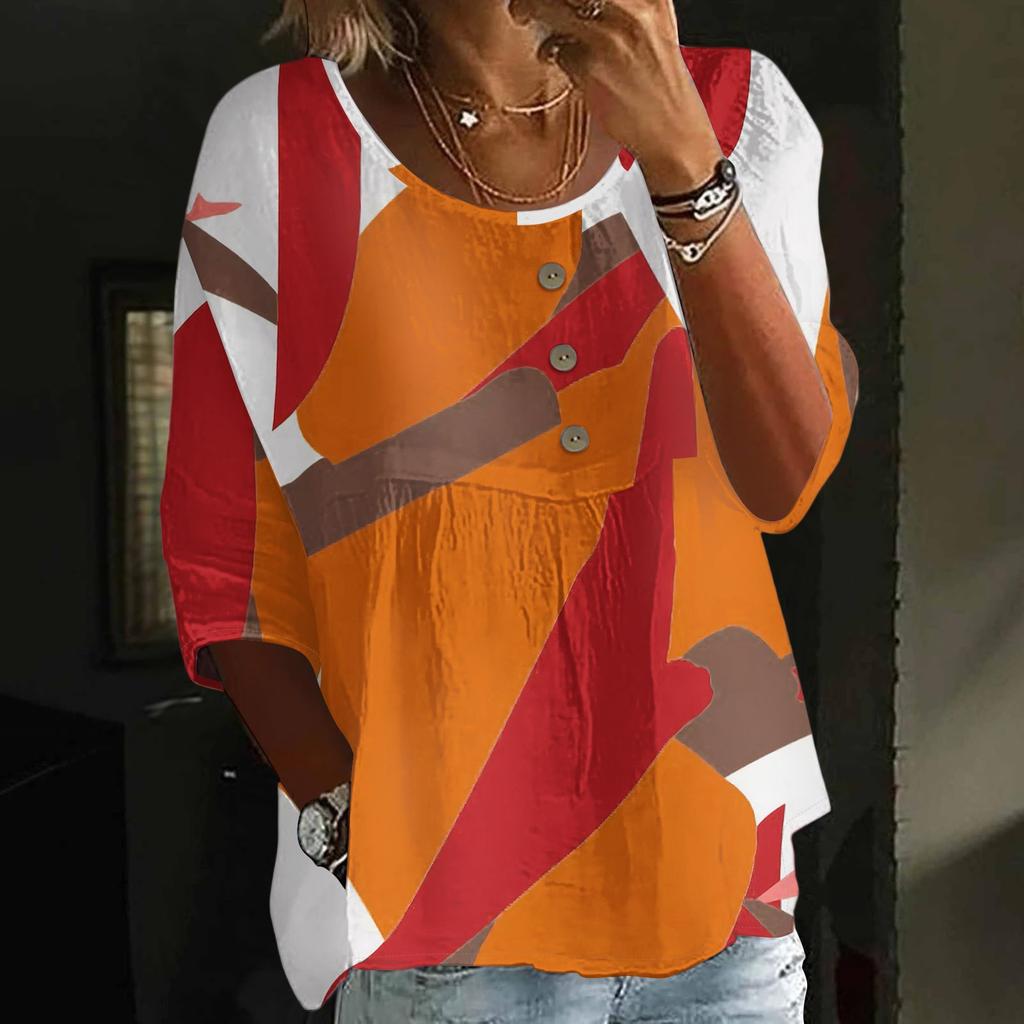 Women's Fashion Casual Three-quarter Sleeve Loose Round Neck Button Floral Print Top