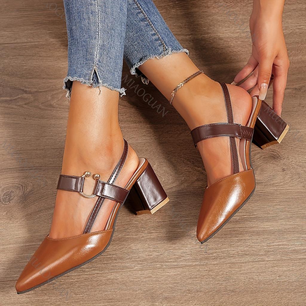 Fashion Women's Pointed Toe Block High Heel Sandals Summer Fashion Mixed Color Back Strap Pumps Fashion Ladies Chunky Heels Dress Shoes