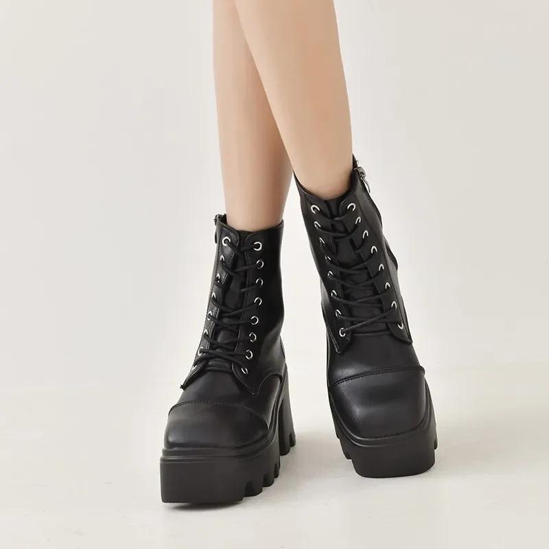 Fashion 2025 Winter Plus Size Shoes for Women Side Zip Women's Ankle Boots Platform Square Heel Ladies Boots Lace-up Shoes Female
