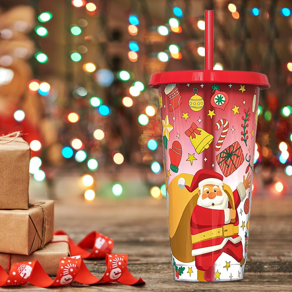 Christmas Color Changing Cups with Lids and Straws Bulk,Christmas Cups Include Spill Resistant Straw Water Iced Coffee or Tea