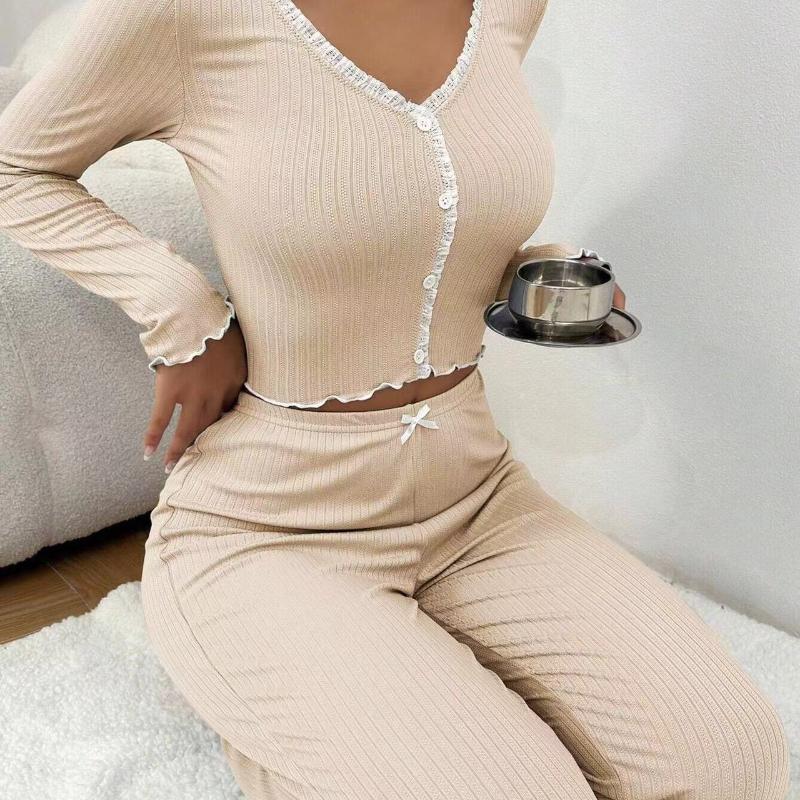 

Осенне-зимняя домашняя одежда, пижамный комплект для женщин, рубашка с длинными рукавами и брюками, 2 предмета, сексуальная кружевная пижама, одежда для сна, домашняя одежда XL хаки