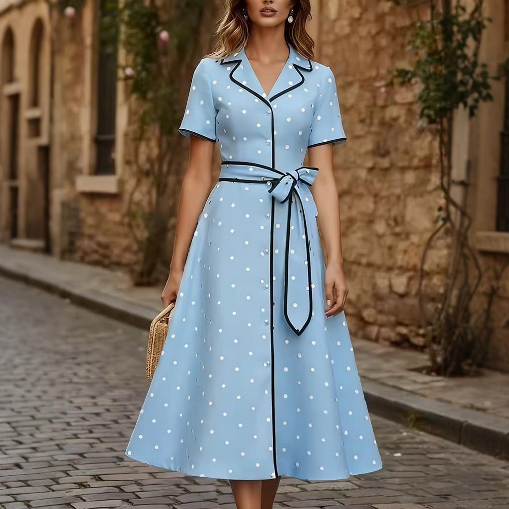 Women's Polka Dot V Neck Button Front Dress with Waist Tie Short Sleeve Midi Dress Casual Elegant Style