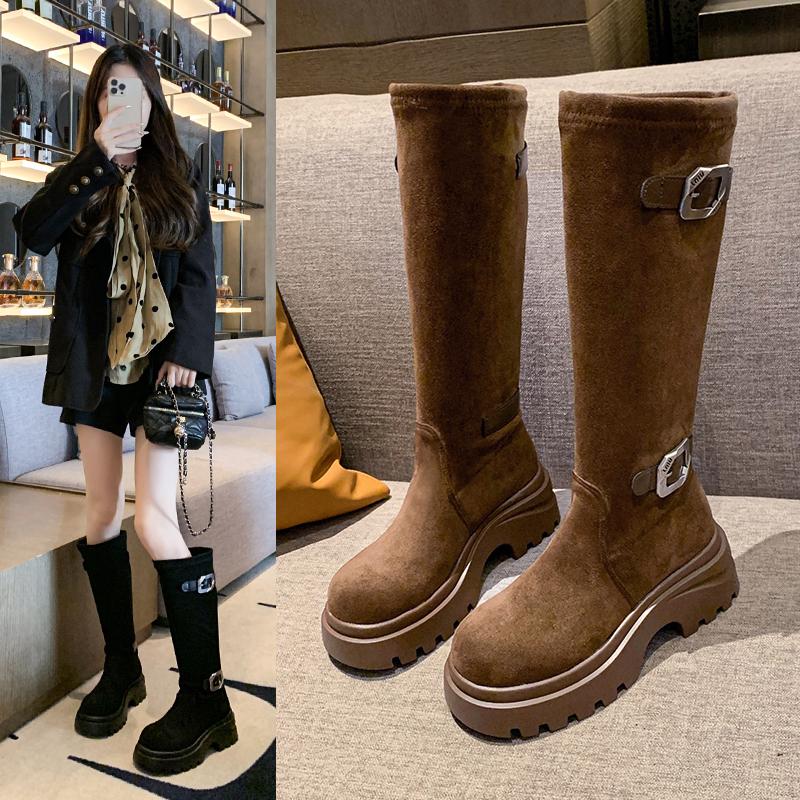 Fashion 2025 Women Stylish Mid-Calf Slouchy Boots Soft Comfortable Round Toe Design Buckle Latch Design Outdoor Casual Shoes