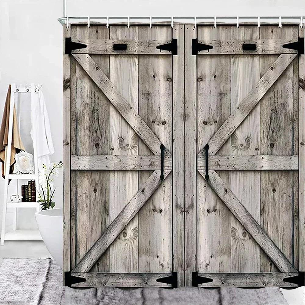 Rustic Wooden Barn Door Decor Shower Curtain For Bathroom Western Country Theme Vintage Rural Farm House Door Bath Curtains Set