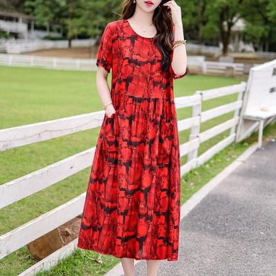 Vintage Print Long Dresses for Women Plus Size Short Sleeve Casual Summer Dress Elegant Middle-aged Women's Clothing