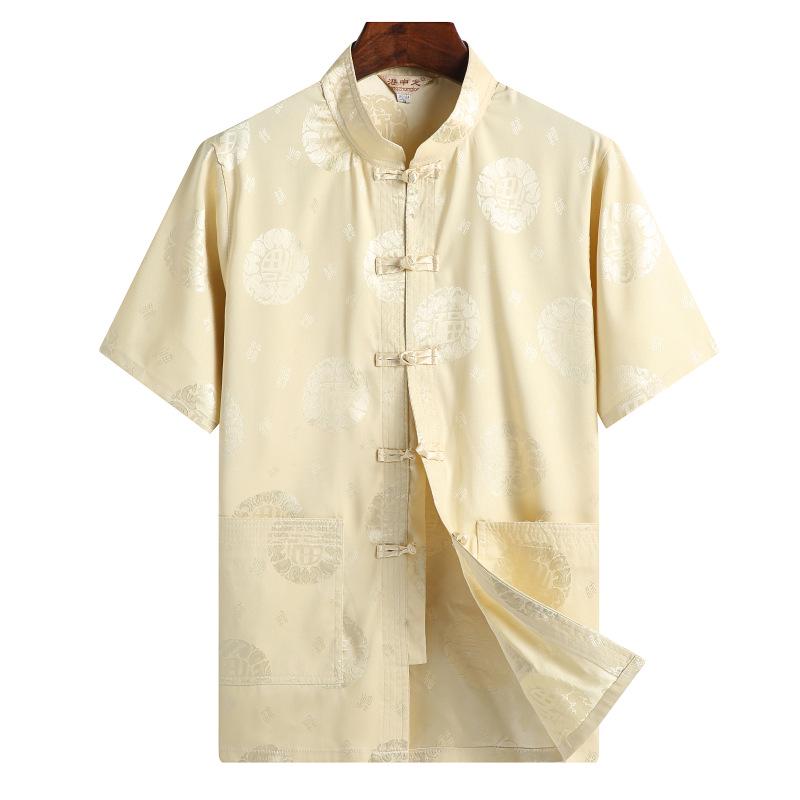 Silk Satin Dragon Tang Suit: Short-Sleeve Hanfu Shirt for Middle-Aged & Elderly Men, Lay Buddhist Attire with Frog Buttons