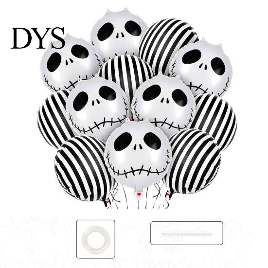 Mall Event Decorations 12PCS Halloween Skull Balloon Set, Aluminum Foil Balloons, Black And White Balloons Striped Realistic Print for Spooky Holiday