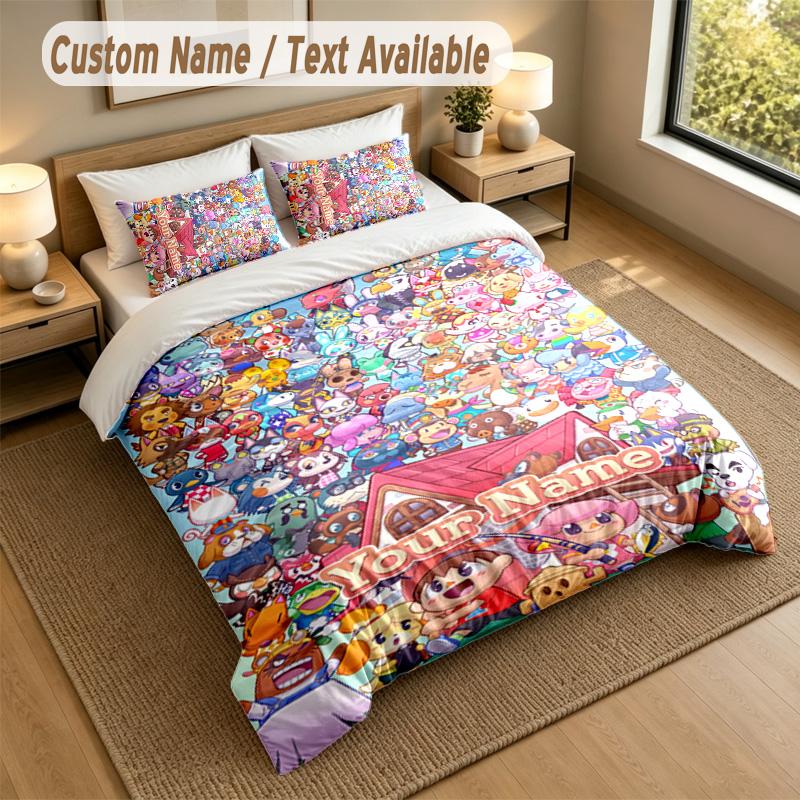 3Pcs Bedding Set Custom Name Text, 1 Sheet 2 Pillowcases Home Bed DecorAnimal Crossing