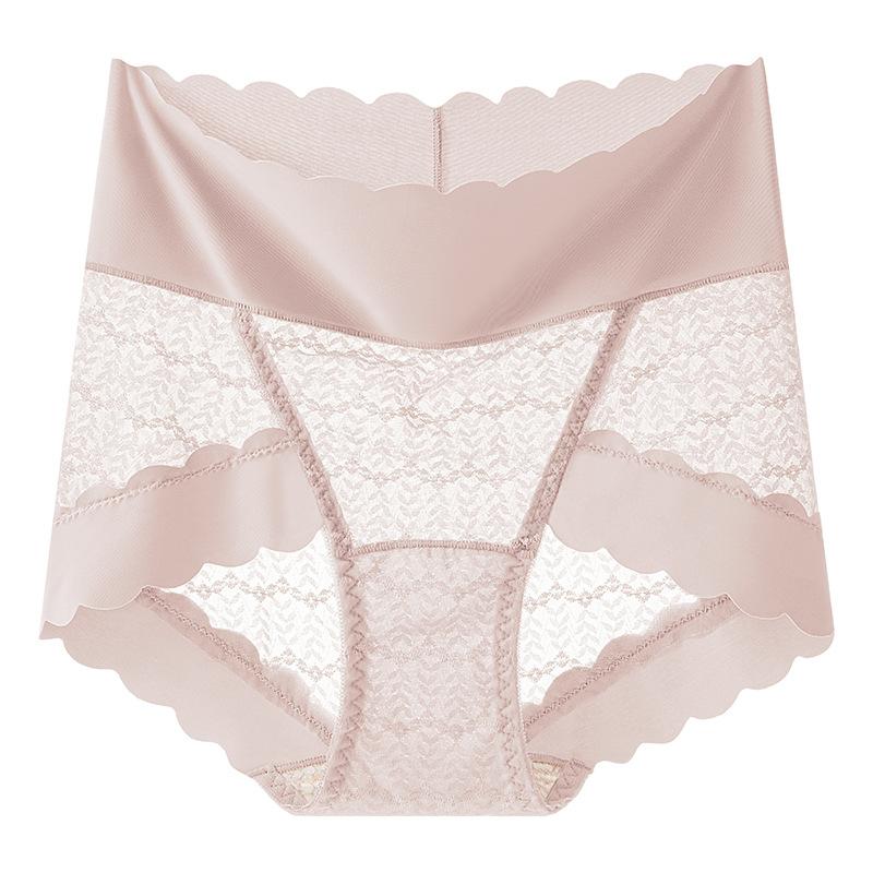 Ladies Spring and Summer Sexy Lace High Waist Belly Not Roll Edge No Mark Mulberry Silk Anti  Antibacterial Briefs