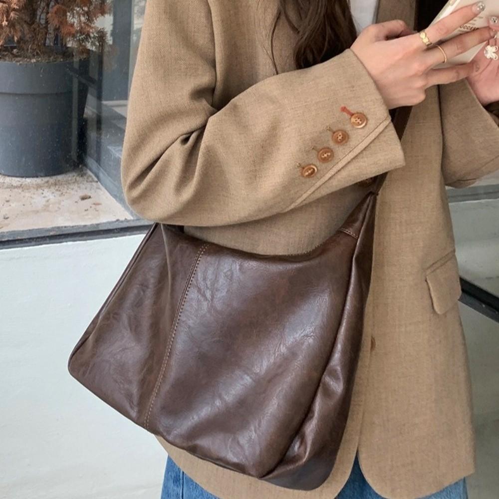 Square Leather Shoulder Bag Hobo Women Handbag Vintage Boston Crossbody Bag  Work