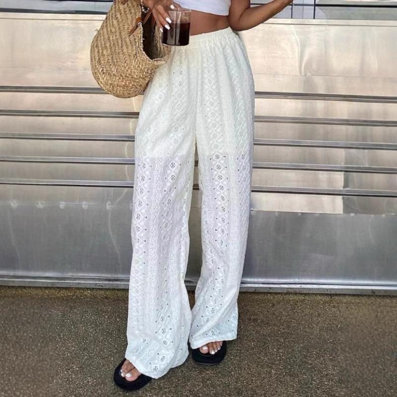 Lady's Summer Open-work Embroidered Casual Stretch Waist Pants