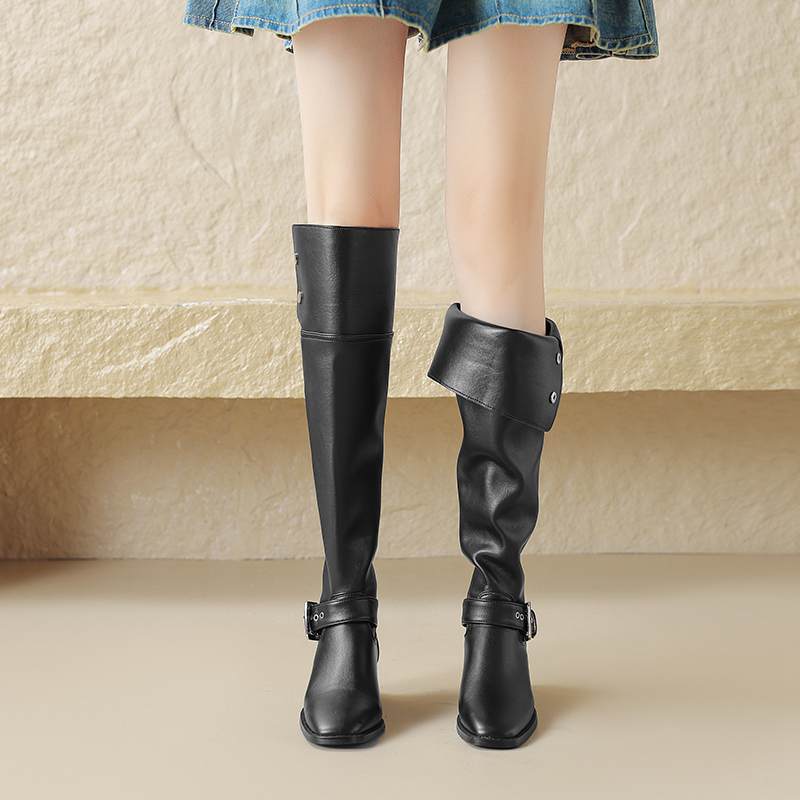 Krazing Pot Zapatos de Microfibra con Pelo Otoño Invierno Tacón Medio Grueso Botas de Montar Remaches Punta Cuadrada Mantener Caliente Botas Altas hasta la Rodilla