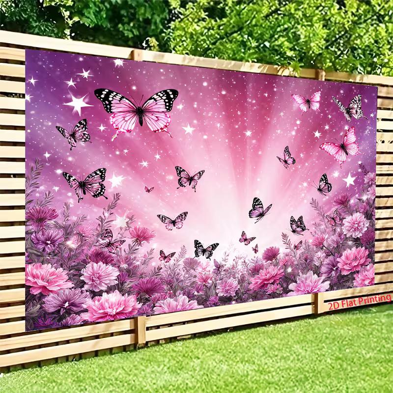 Whimsical Butterfly Backdrop, Dreamy Pink and Purple Scene with Butterflies, Flowers and Sparkles, Magical and Enchanting Party Wall Art