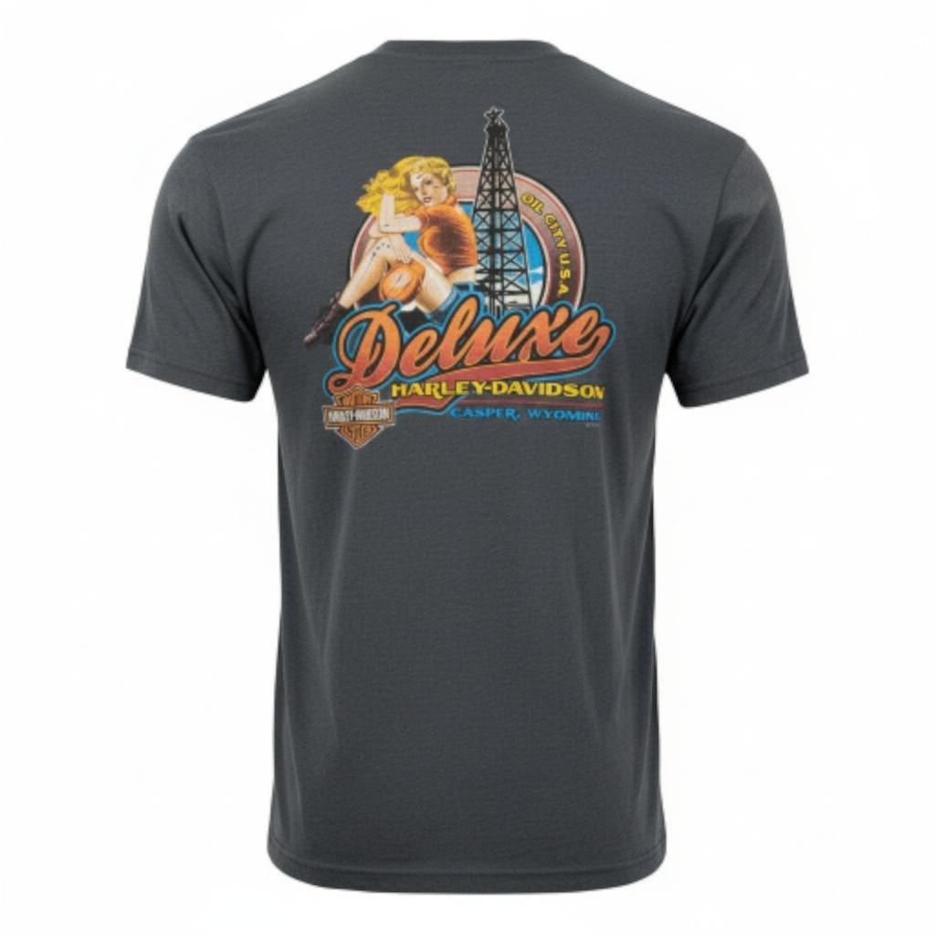 *READ* Harley Davidson Pocket Shirt Casper Wyoming Woman Worker Oil City Mens M Unisex T-Shirt XXXL
