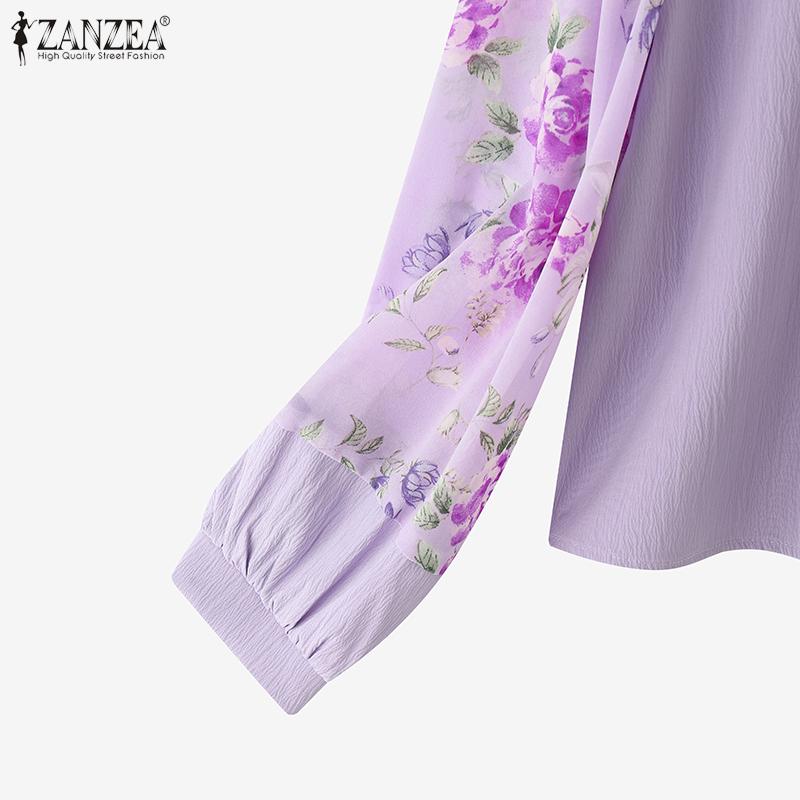 ZANZEA Women Casual Floral Print Splice Long Sleeve Round Neck Loose Blouse