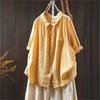 Johnature Women Vintage Shirts Tops Patchwork Pockets Solid Color Turn-down Collar Half Sleeve Thin Summer Shirt