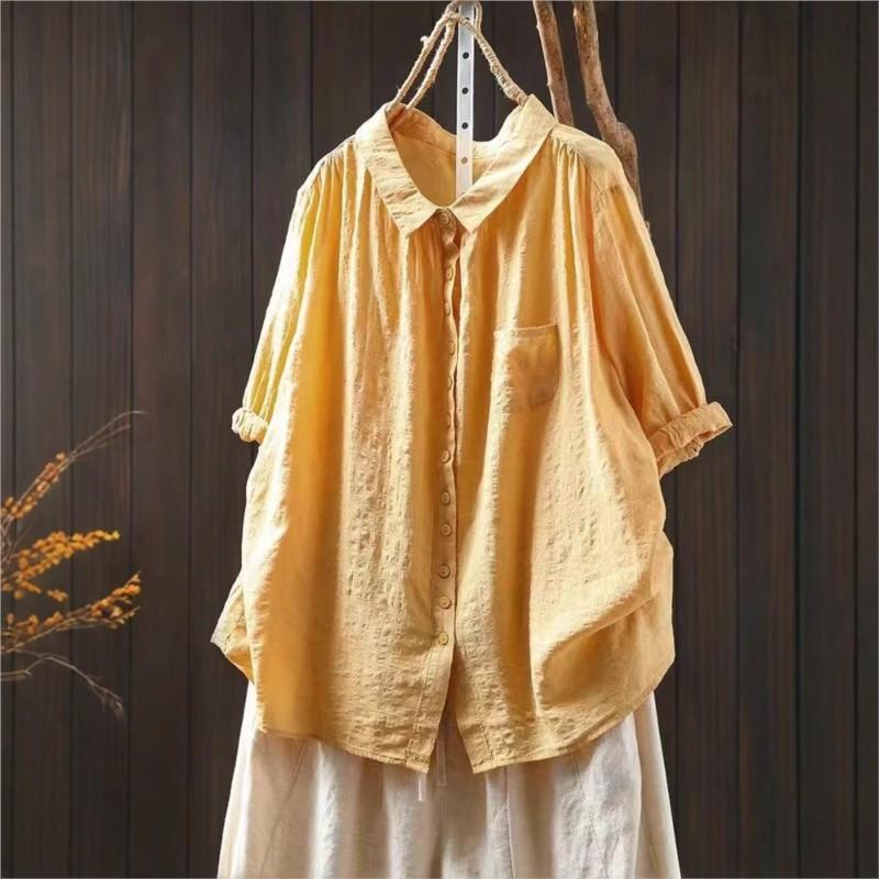Johnature Women Vintage Shirts Tops Patchwork Pockets Solid Color Turn-down Collar Half Sleeve Thin Summer Shirt