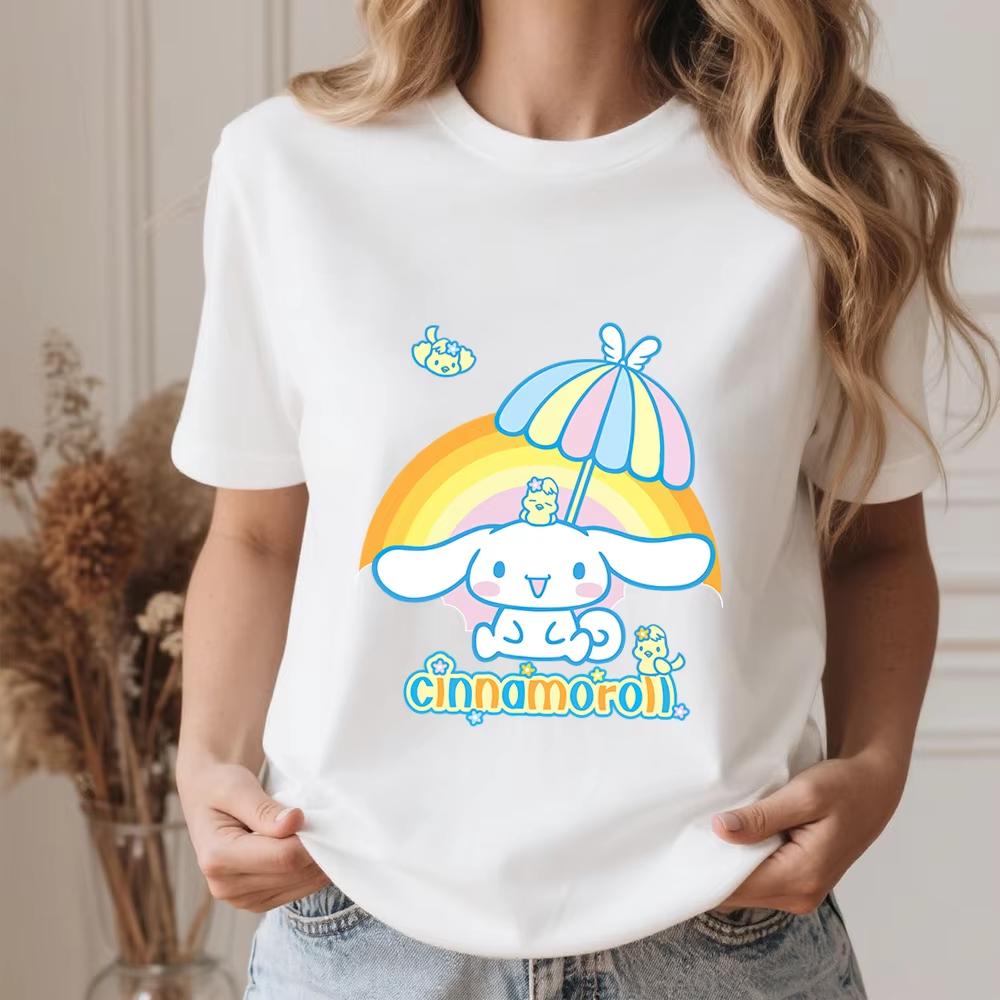 

2026 Summer Cinnamoroll Rainbow Umbrella Print Cotton T Shirt for Women Casual Comfort Soft Daily Wear Top S