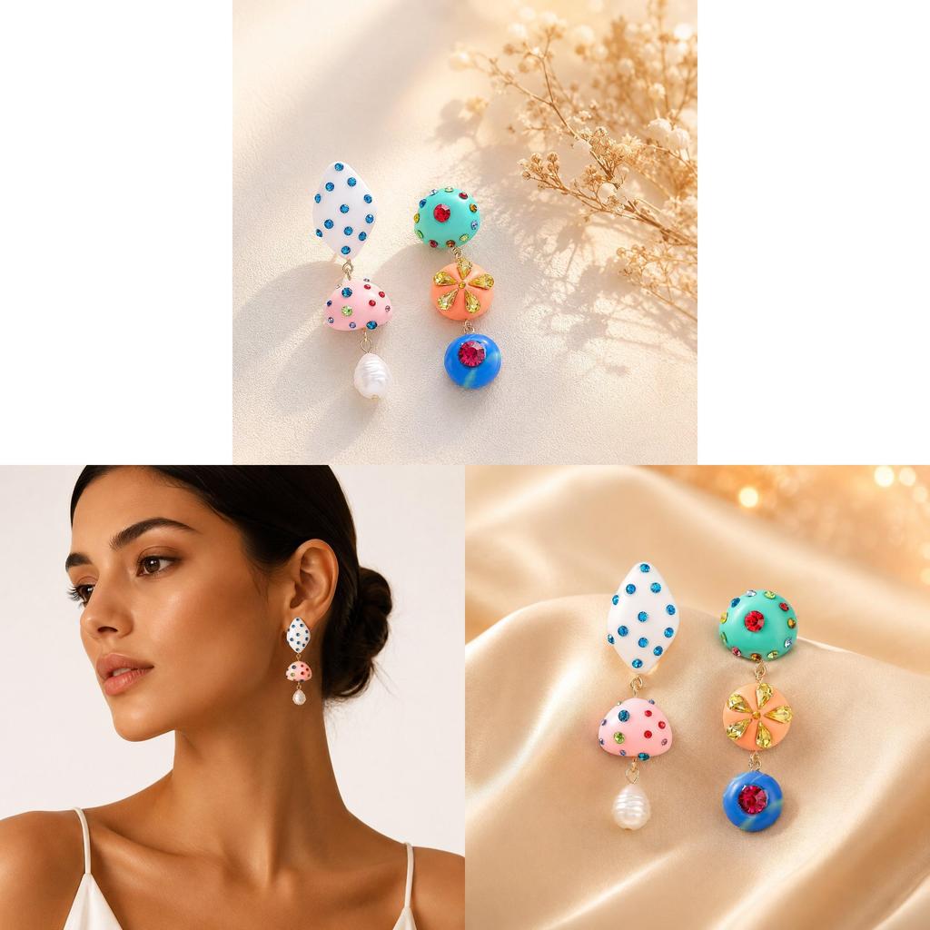 Baroque Style Asymmetric Earrings With Mixed Materials And Crystal Details For Ladies