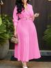 2024 Women's Fashion Lapel Long Sleeve High Waist Pleated Solid Color African Dress