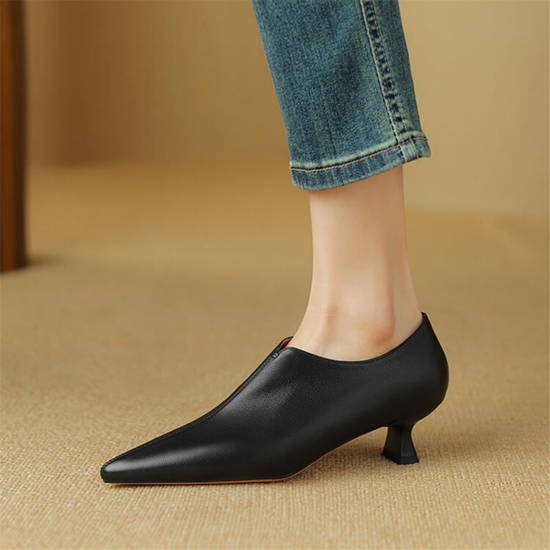 Fashion New Spring Genuine Leather Women Shoes French Retro Pointed Toe Women Pumps Side Zipper Loafers Shoes for Women Ladies Shoes
