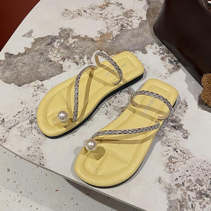 CRLAYDK Women's Slide Sandals Slip On Flat Beach Flip Flop Thong Casual Summer Rhinestone Ladies Ring Toe Travel Slippers