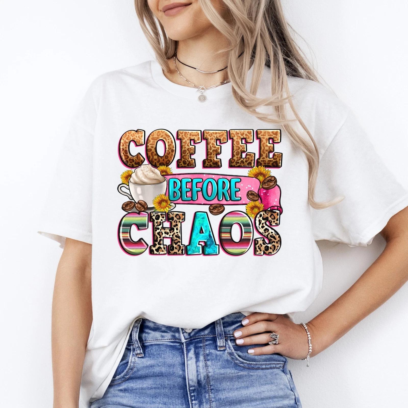 Coffee before chaos T-Shirt Hustle Mom of three Morning coffee Unisex tee White M