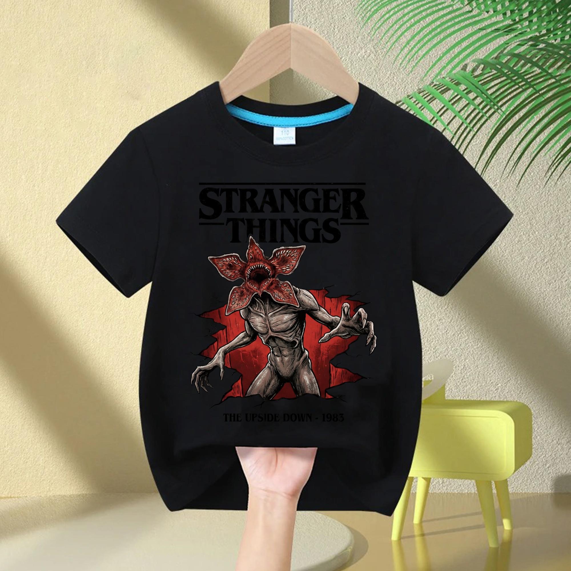 Boys and Girls Demogorgon Hawkins Top Stranger Things Childrens Cartoon Print Pure Cotton Tshirt 2026 Summer Round Neck 100