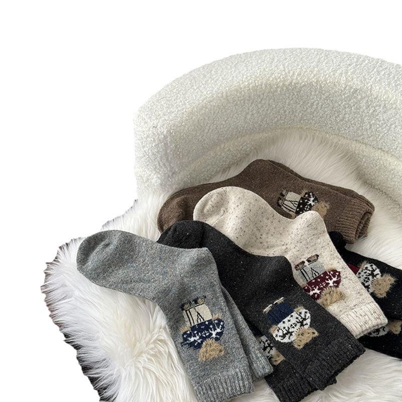 Damen Niedliche Bär Gesprenkelte Mid-Calf Wollsocken – Dick & Warm für Herbst/Winter
