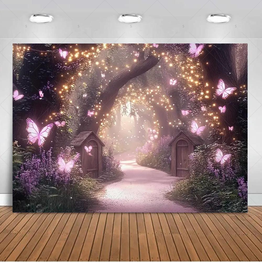 

Dreamy Purple Butterfly Backdrop Supplies Girl Birthday Party Decorations Pretty Engagement Wedding Background Photography Prop 120X90CM
