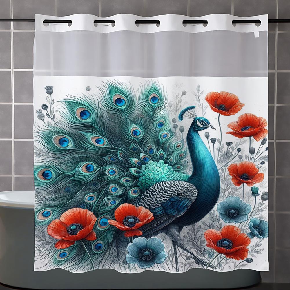 

No Hook Floral Peacoc Pattern Shower Curtain With Snap-In Fabric Liner Sheer Top Window, Waterproof Double Layer Bathtub Curtain W60H190(CM)-1 Pcs