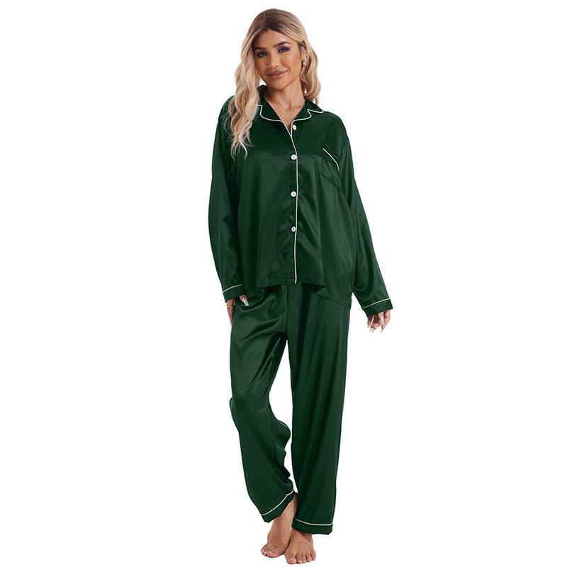 Women's Plus Size Satin Lapel Pajama Set - Long Sleeve & Pants