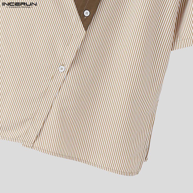 INCERUN Summer Men Stand Neck Short Sleeve Patchwork Casual Loose T-shirts Tops