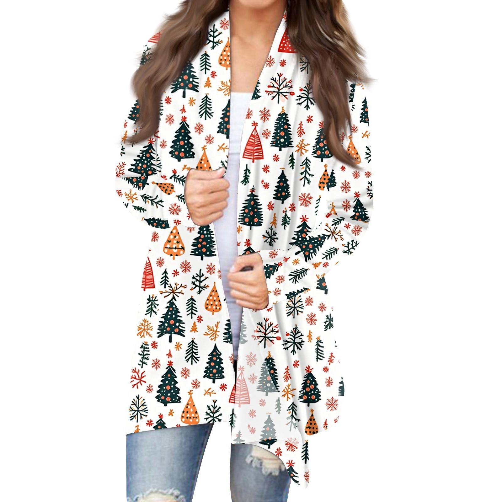 

Женская модная рождественская куртка с принтом, повседневный кардиган с длинным рукавом, пальто XL белый