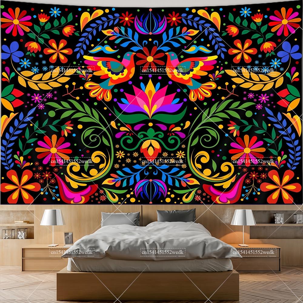 Mexiko Blumenteppich Mexikanische Pflanze Blumen Stickerei Ethnisch Otomi Vögel Wandteppiche Ästhetische Raumdeko Illustrationen Hintergrund