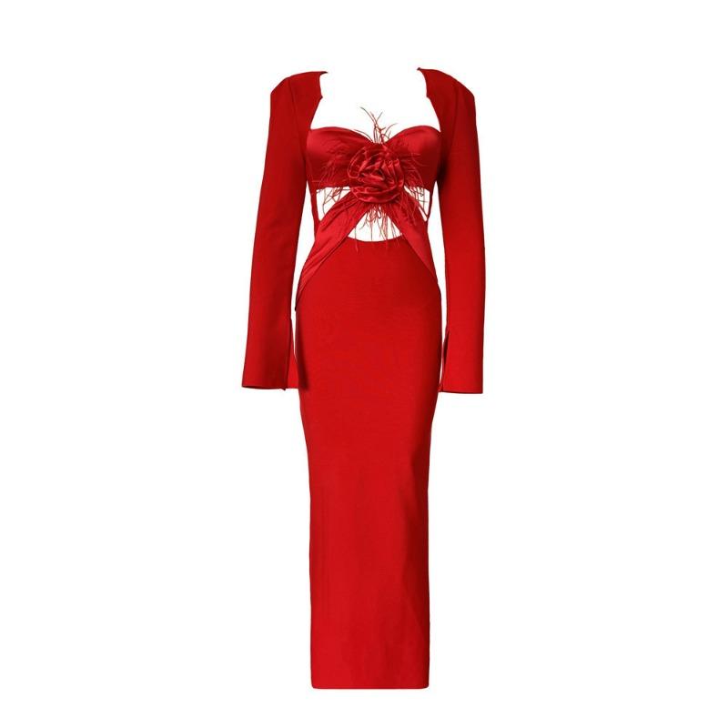 New wind bandage dress Christmas women's temperament long dress sexy long sleeve hollow evening dress