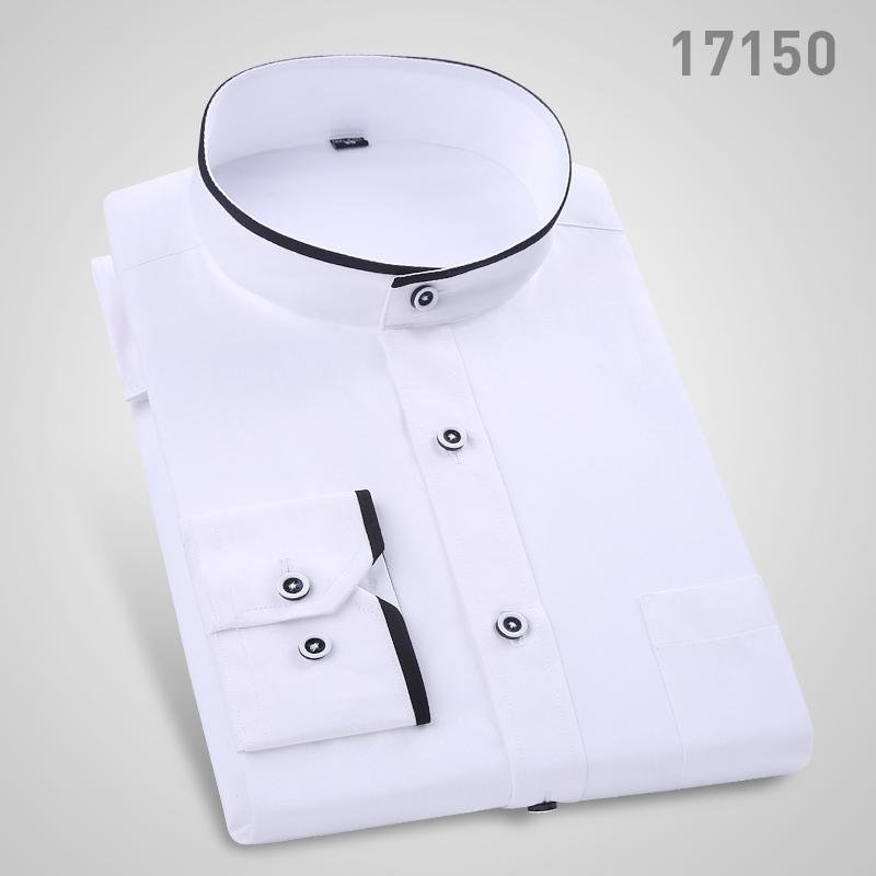 Men's Stand Up Collar Shirt Classic Round Neck Slim Fit Vertical Collar Long Sleeved White Shirt