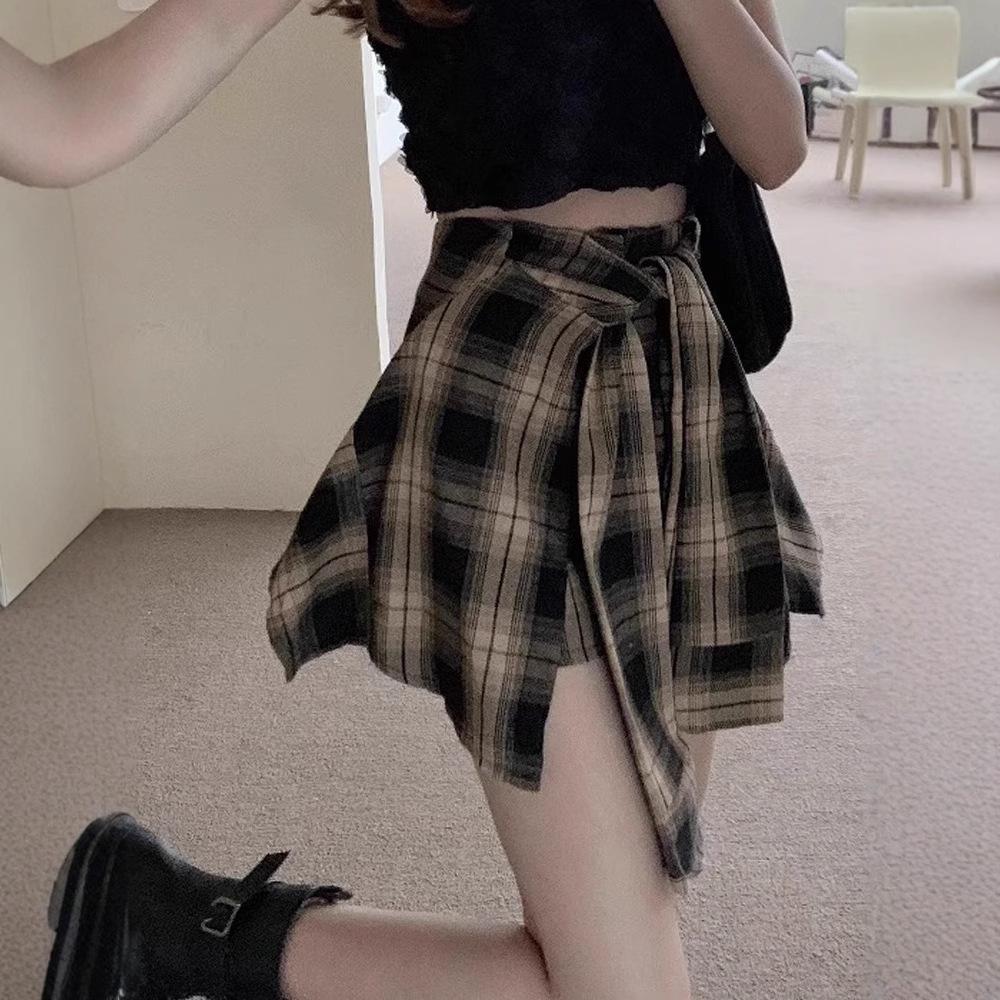 

European Retro High-Waist Plaid Midi Skirt with Built-in Shorts for Women S