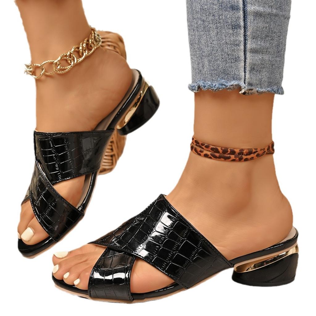 New Large Size Coarse Heel Slippers Shoes South East Asia Low Heel Fish Mouth Cross Belt Slippers