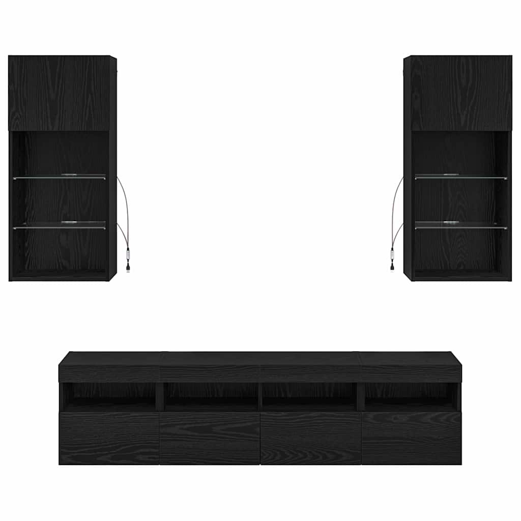 Wall Mounted TV Unit with LED Lighting 5 Pcs Black Oak Effect