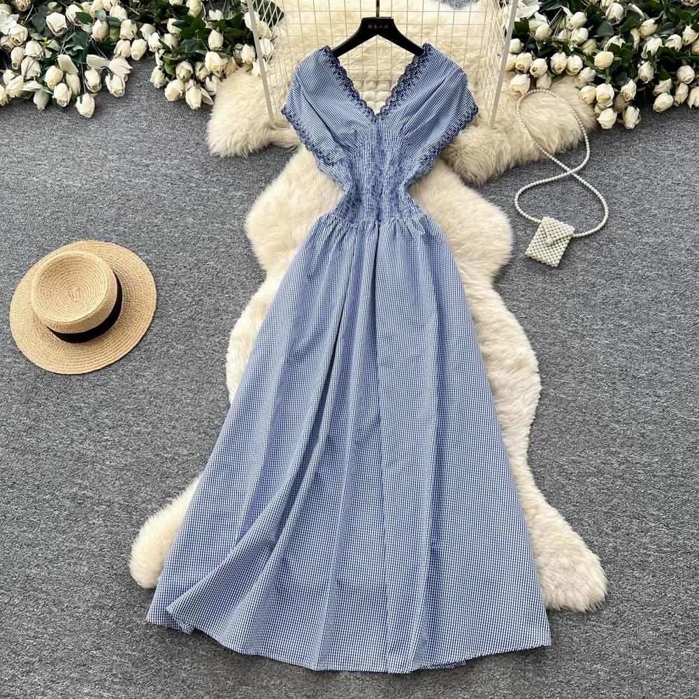 Korean Fashion High-Waisted A-Line Maxi Dress Summer V-Neck Sleeveless Lace-Panel Checkered Elegant Long Dress for Women