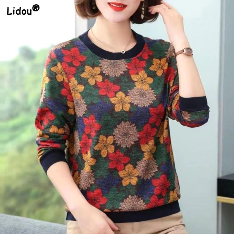 Round Neck Tops Printing Patchwork Vintage Casual T-Shirts Pullovers Bottoming Thin Autumn Winter Women's Clothing Fashion