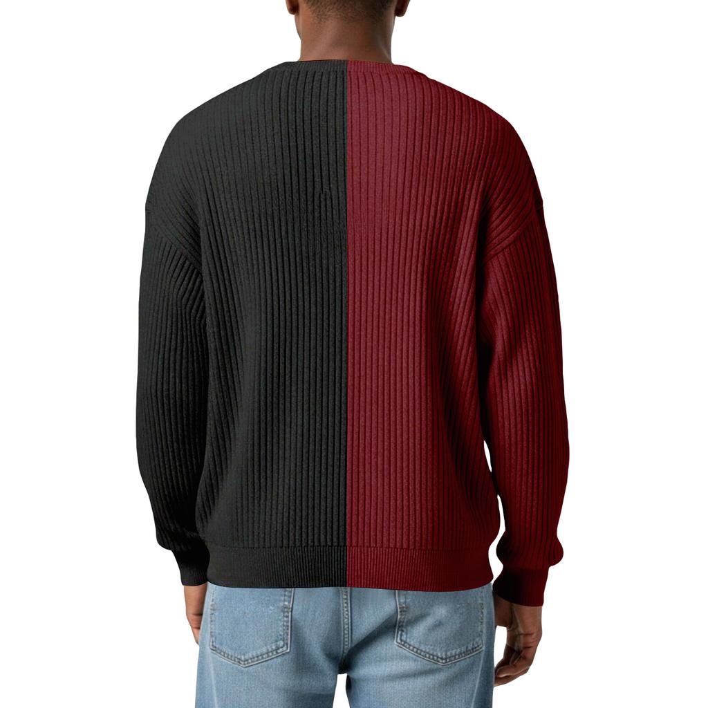 Men's Color-Blocked Stylish V-Neck Ribbed Textured Long-Sleeve T-Shirt