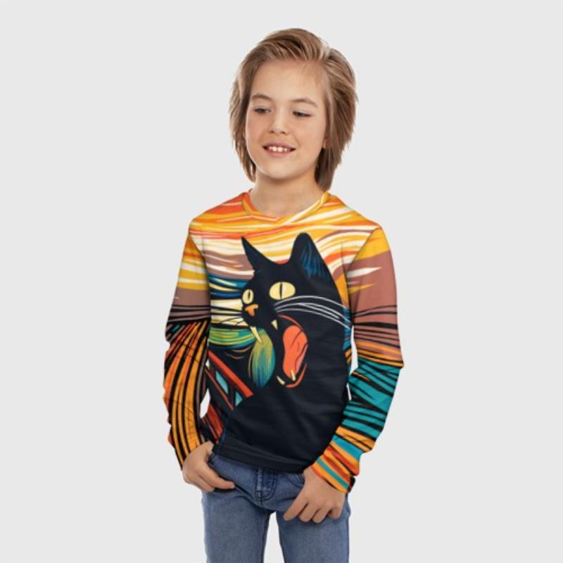 Children's Cartoon Lively Kitten Print Multi-color T-shirts Boys Cute Long Sleeved Soft Comfortable Top