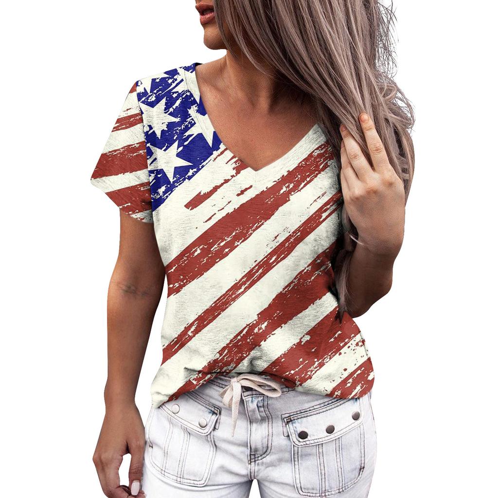 Summer Women Floral Print V Neck Short Sleeve Loose 3D T Shirt