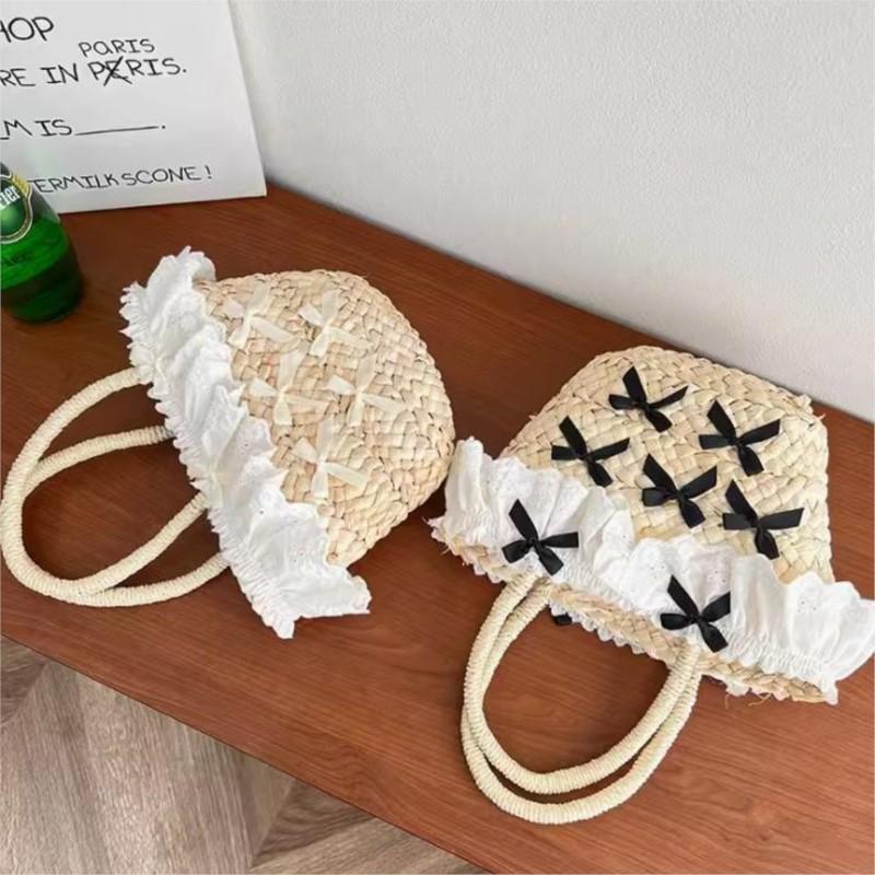 Holiday Sweet Straw Beach Bag Women Vintage Handle Lace Bow Chic Hand Bag Female Harajuku Aesthetic Weaving Bags